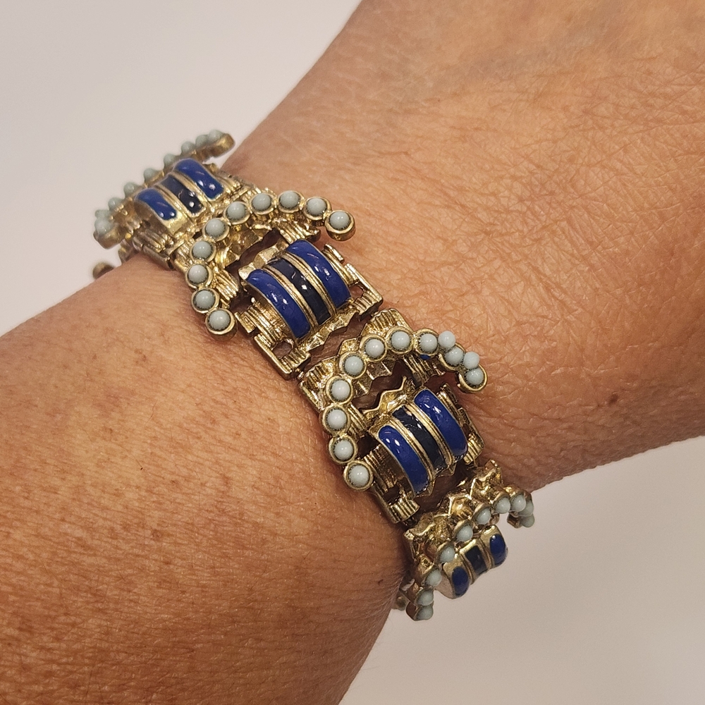 J.Crew Blue Enamel Gold Tone Link Bracelet Beaded Statement 7in